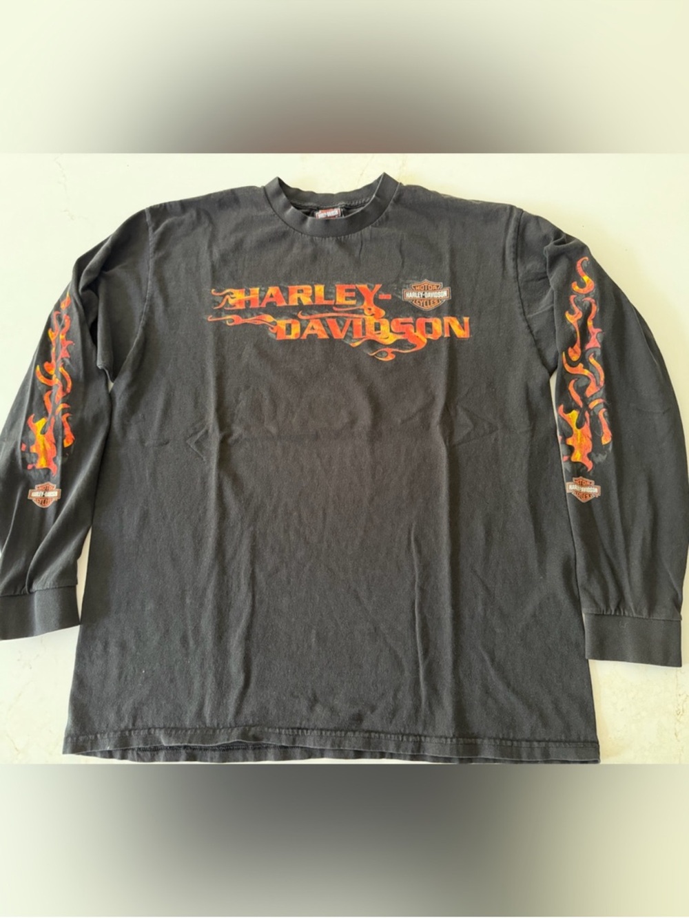 Vintage Harley-Davidson Black Long-Sleeve Shirt with Orange Flame Graphics - Picture 3 of 5